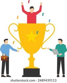 success team concept, employee team celebrating successful achievement holding a big trophy, can be used for landing page, template, ui, web, mobile app, poster, banner, flyer, vector illustration.