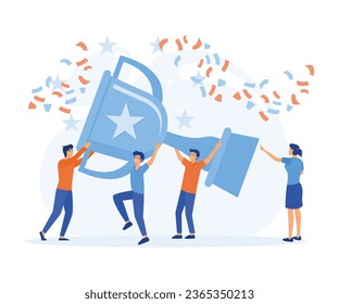 Success team concept. people celebrate success achievment by holding a big goblet, flat vector modern illustration 