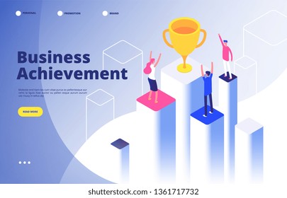 Success Team Isometric Concept. Business Triumph Achievement Corporate Mission Best Award Competition Winner Goal Vector Background