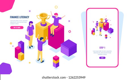 Success team, leader of command, successful business, achievement and award, achieving goal of year, isometric flat color vector illustration