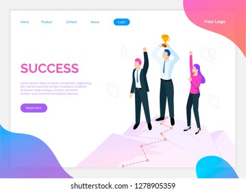 Success of team, teamwork and award for work site vector. Online web page with text sample and people happy of being successful, male and female online in flat style