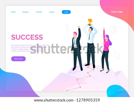 Success of team, teamwork and award for work site vector. Online web page with text sample and people happy of being successful, male and female online in flat style