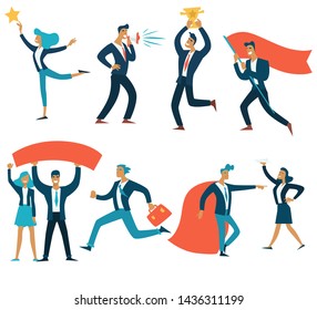 Success and teamwork business concepts isolated businessmen and businesswomen vector boss with loudspeaker trophy cup and red flag man in hurry superhero and secretary with paperwork leadership.