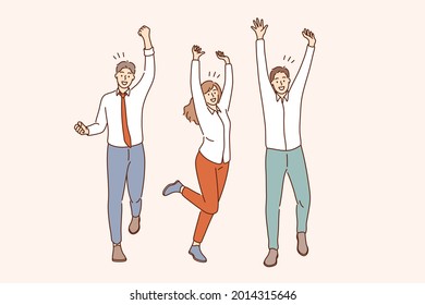 Success, teamwork, celebrating victory concept. Group of young smiling positive business people cartoon characters standing with raised hands celebrating victory together 