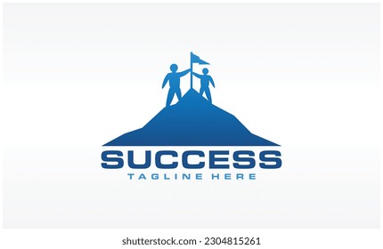 Success and teamwork concept, two people went up the mountain with flags