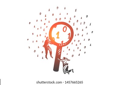 Success, teamwork, coworking, partnership concept sketch. Businessman and business woman flying and holding magnifier with enlarged software symbols behind it. Hand drawn isolated vector