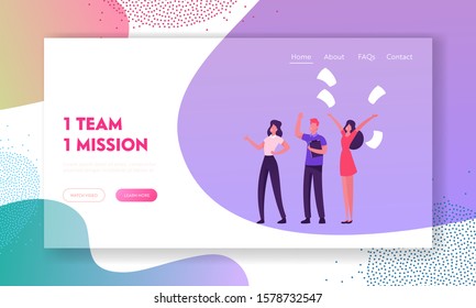 Success Teamwork Group Website Landing Page. Employees Laughing at Office Workplace, Cheerful Business People Team Rejoice for New Working Project Web Page Banner. Cartoon Flat Vector Illustration