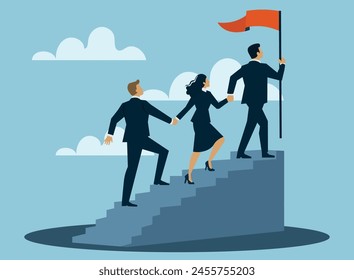 Success in teamwork, Team of businesspeople walking up stairs, holding hands with raised flag. Working together creates progress and the concept of winners. vector illustration