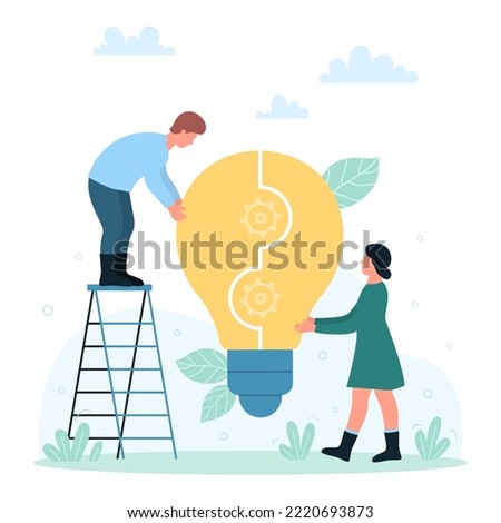 Success teamwork vector illustration. Cartoon tiny people connect together two part of big light bulb puzzle with gears inside, cooperation of man and woman with lightbulb creative ideas and solutions