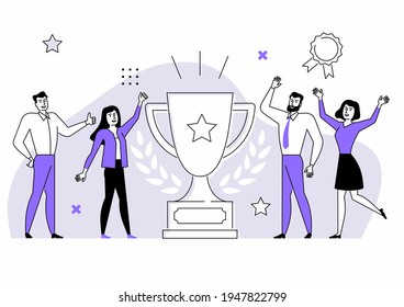 Success teamwork vector illustration. People rejoice at victory. Prize awarding.