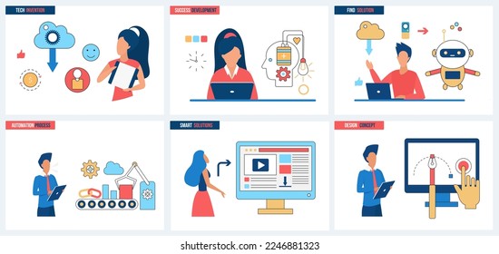 Success of tech solutions, development and design of smart devices, automation innovation and invention set vector illustration. Cartoon tiny people work with robots, machines and AI digital brain