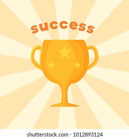 Success template of prize vector illustration of glow cup with cute stars, lot of reflections two handles isolated on bright yellow striped background