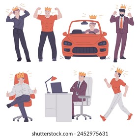 Success theme with crowned men in various poses. Vector illustration set includes confident individuals, a luxury car, and an office, symbolizing achievement and status.
