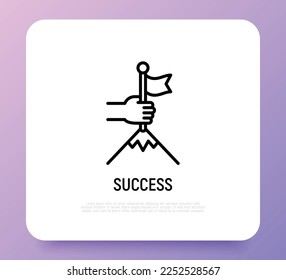 Success thin line icon: human hand puts flag in mountain top. Leadership, winning, goal achievement. Modern vector illustration.