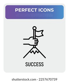Success thin line icon: human hand puts flag in mountain top. Leadership, winning, goal achievement. Modern vector illustration.
