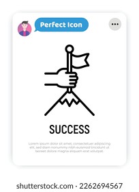 Success thin line icon: human hand puts flag in mountain top. Leadership, winning, goal achievement. Modern vector illustration.