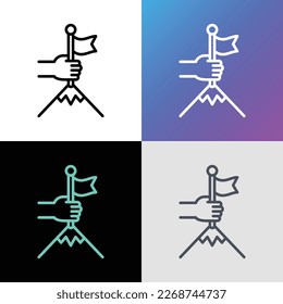 Success thin line icon: human hand puts flag in mountain top. Leadership, winning, goal achievement. Modern vector illustration.
