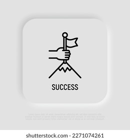 Success thin line icon: human hand puts flag in mountain top. Leadership, winning, goal achievement. Modern vector illustration.