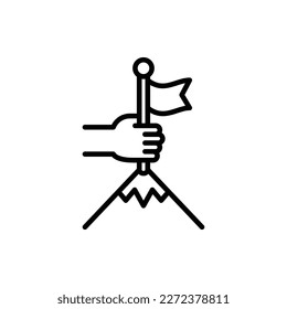 Icono de línea delgada correcto: mano humana pone la bandera en la cima de la montaña. Liderazgo, triunfo, logro de objetivos. Ilustración vectorial moderna.