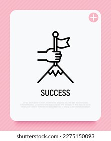 Success thin line icon: human hand puts flag in mountain top. Leadership, winning, goal achievement. Modern vector illustration.