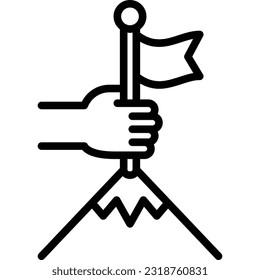 Icono de línea delgada correcto: mano humana pone la bandera en la cima de la montaña. Liderazgo, triunfo, logro de objetivos. Ilustración vectorial moderna.