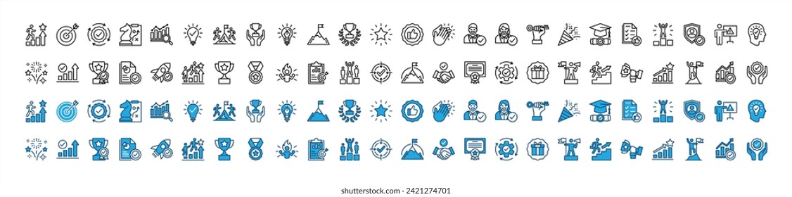 Success thin line icon set. Successful business goal and target. Contains plan, process, strategy, idea, creative, teamwork, achievement, winner, award, leadership, solution. Vector illustration