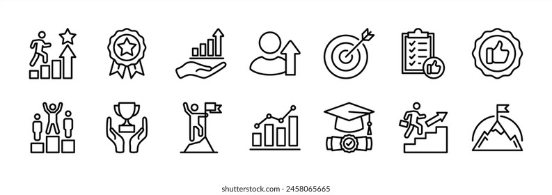 Conjunto de iconos de línea fina de éxito. Desarrollo exitoso del negocio de gestión. Conteniendo objetivo, meta, Plan, ganador, logro, trofeo, medalla de insignia, competencia, sombrero de graduación, bandera de pico de montaña, crecimiento