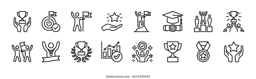 Success thin line icon set. Contains ​winner, achievement, successful, target, goal, award trophy, teamwork, competition, victory, growth graph, graduation, medal, champion, reward vector illustration