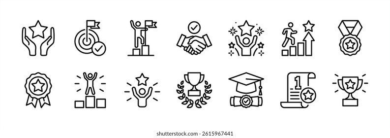 Success thin line icon set. Containing successful target goal, development, winner, trophy, achievement, business, growth, award, reward, celebration, handshake, medal, victory. Vector illustration