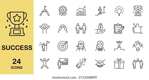 Éxito del conjunto de iconos de línea delgada. Contiene negocios, objetivos, logros, premios, victoria, líder y más. Ilustración vectorial