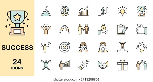 Success thin line icon set. Containing business, goals, achievement, awards, victory, leader and more. Colored vector illustration