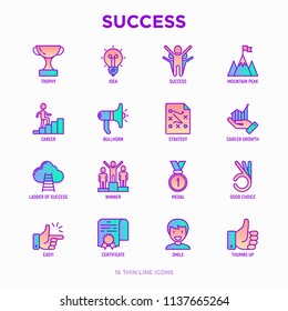 Success thin line icons set: trophy, idea, mountain peak, career, bullhorn, strategy, ladder, winner, medal, award, good choice, easy, certificate. Modern vector illustration.