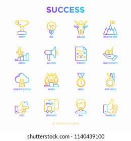 Success thin line icons set: trophy, idea, mountain peak, career, bullhorn, strategy, ladder, winner, medal, award, good choice, easy, certificate. Modern vector illustration.