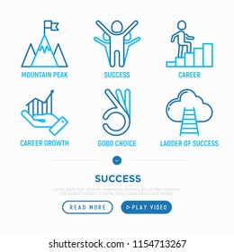 Success thin line icons set: mountain peak, career, strategy, easy, certificate, ladder of success. Modern vector illustration.