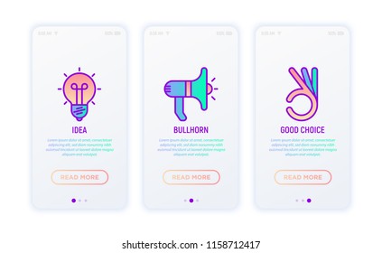 Success thin line icons set: idea, bullhorn, sharing, good choice. Modern vector illustration for user mobile app.