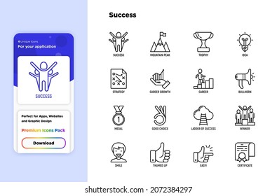 Success thin line icons set: trophy, idea, mountain peak, career, bullhorn, strategy, ladder, winner, medal, award, good choice, easy, certificate. Modern vector illustration.