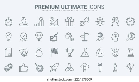 Iconos de línea delgada exitosos establecen la ilustración vectorial. Esbozar los símbolos de los principales proyectos, objetivo objetivo y oportunidad de ganar y conseguir premios, elección eficiente, solución y desarrollo de negocios