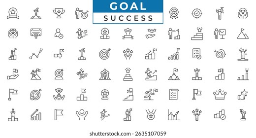 Success thin line vector icon set. Containing goal, victory, success, prize, celebration, win money, finish line and trophy icons set vector illustration.
