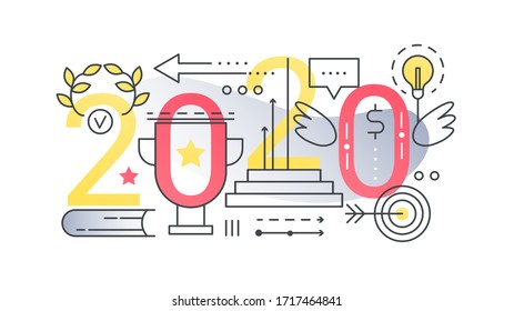 Success thin line vector illustration for website interface design, abstract flat 2020 word with items for growth and making creative products, successful achievement strategy in business concept