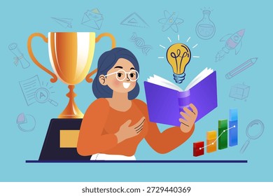 Sucesso através do conceito de educação. Mulher inteligente lendo livro com lâmpada de ideia, troféu de ouro e gráfico de barras de crescimento. Realização em aprendizagem, desenvolvimento de negócios e ilustração de pensamento criativo.