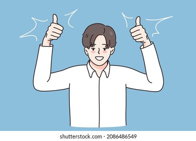 Success and thumb up sign concept. Young smiling businessman wearing white shirt standing and showing thumb up sign with hands fingers vector illustration 