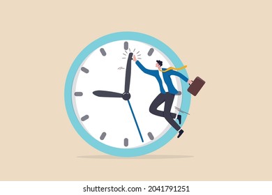 Success time management, finish work and appointment in time or work efficiently with high productivity concept, smart businessman celebrate his work by hi five with minute hand on the timer clock.