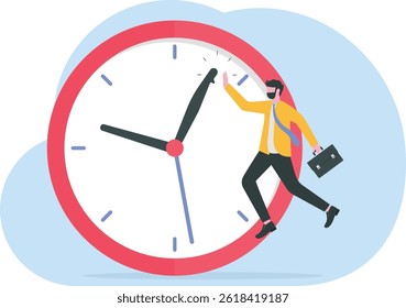 Success time management, finish work and appointment in time or work efficiently with high productivity concept, smart businessman celebrate his work by hi five with minute hand on the timer clock.

