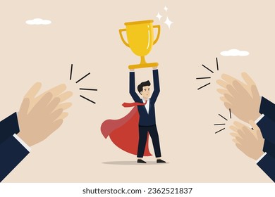 Success, success towards a target or the result of hard work, the concept of business success, a smart young businessman succeeds in achieving a big trophy target, and gets applause from his colleague