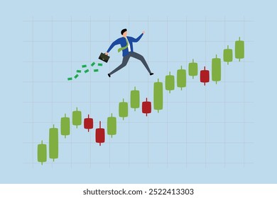 Success trader make profit with investment trading, businessman investor with a money briefcase runs confidently on a candlestick graph.