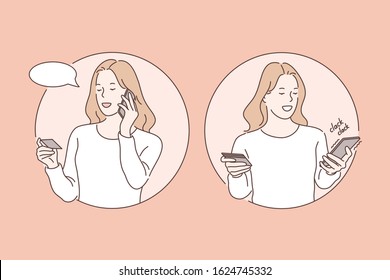 Success, transaction, communication, business set concept. Young woman buyer makes online payment. Happy girl use credit card to buy goods. Online payment ended with success. Simple flat vector