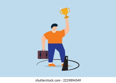 Success trap. success businessman holding award winning trophy cup with competitor sawing floor under neath.