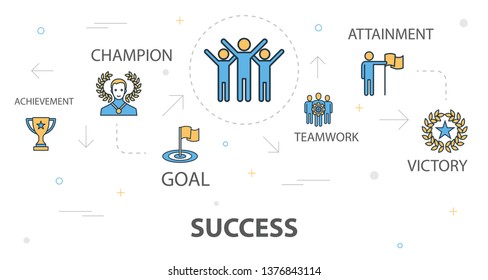 success trendy banner concept template with simple line icons. Contains such icons as achievement, champion, award, attainment and more