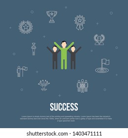 success trendy UI flat concept with simple line icons. Contains such elements as achievement, champion, award, attainment and more