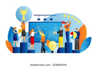 Success trophy for people win, vector illustration. Business achievement, businessman hold victory award. Person character happy in teamwork